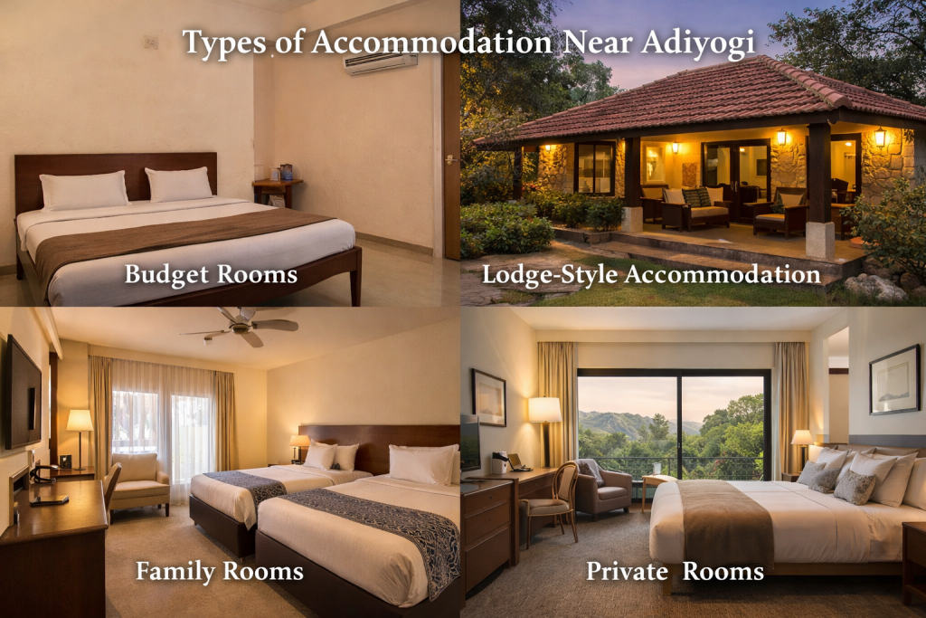Best stays near Adiyogi Chikkaballapur showing budget rooms, lodge-style, family rooms, and private rooms