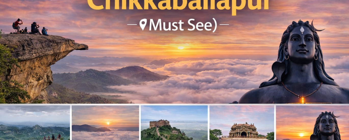 Top 7 places to visit in Chikkaballapur including Avalabetta Nandi Hills Skandagiri Adiyogi and Gudibande Fort scenic travel guide image