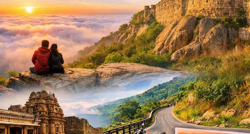 One day trip to Nandi Hills sunrise view with clouds and GT Deluxe Lodge stay plan near Chikkaballapur